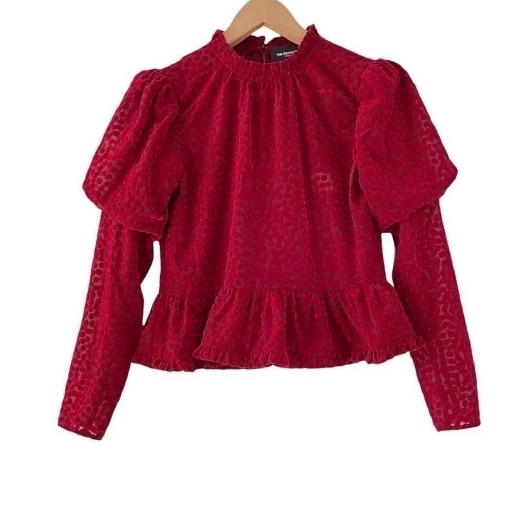 The Kooples Burnout Velvet Polka Dot Puff Shoulder Peplum Long Sleeve Top